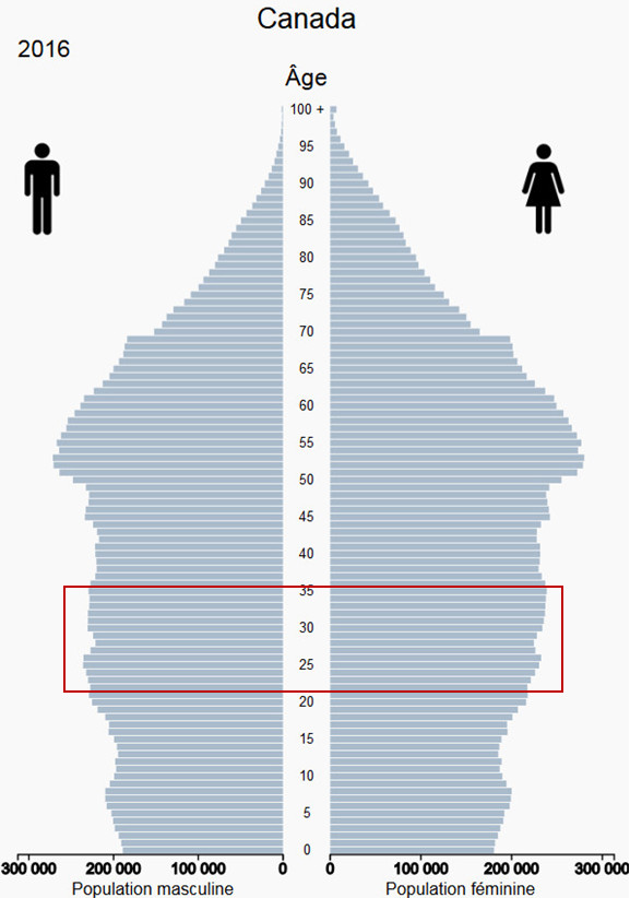 Graphique démontrant la distribution de la population selon l'âge. La génération des baby boomers est très visible au sommet de la pyramide. La génération Y est mise en évidence dans un encadré rouge.
