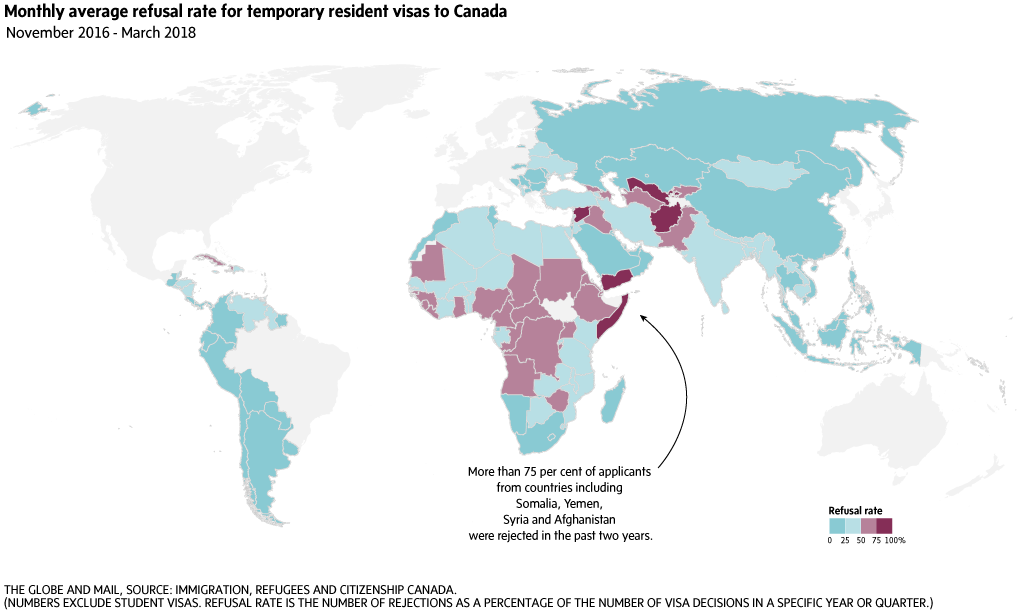 Représentation géographique des moyennes mensuelles de taux de refus selon les pays.
