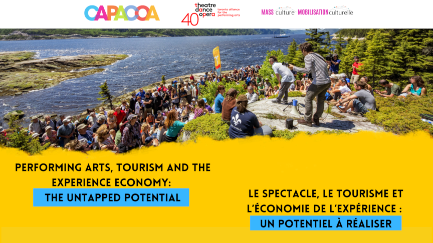 « Le spectacle, le tourisme et l'économie de l'expérience » : bannière avec, comme image de fond, une représentation d'un spectacle aux abords du fleuve Saint-Laurent.
