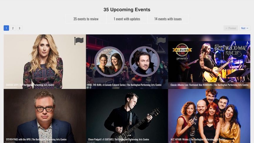 A screenshot of 6 performing arts events (organized as two rows of square images), with "35 Upcoming Events" written above.