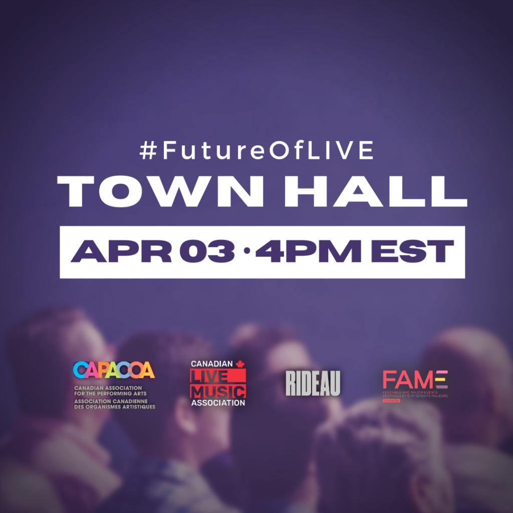 A purple square with an image of seated audience members in the background. The title “#FutureOFLIVE Town Hall” is featured in white font, with the date of April 03 and time of 4:00 pm EST in purple font. The logos of the four event partners are shown at the bottom of the image.
