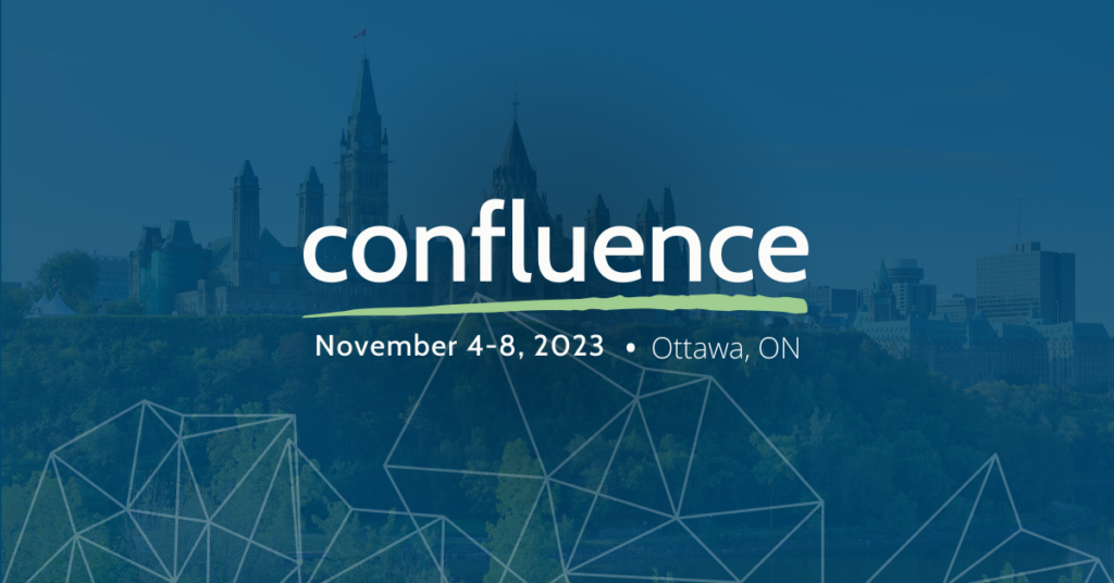 Background: Tinted dark blue image of Ottawa. The word "confluence" in white text is underlined in light green. The words "CAPACOA CONFERENCE 2023. November 4-8, 2023. Ottawa, ON" are also featured in white text.