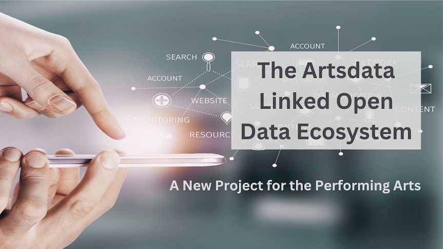 One hand holds a phone parallel to the ground while another points a finger at the screen. A web of linked data shoots out above the screen.