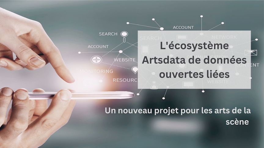 Une main tient un téléphone parallèlement au sol tandis qu'une autre pointe un doigt vers l'écran. Un réseau de données liées jaillit au-dessus de l'écran.