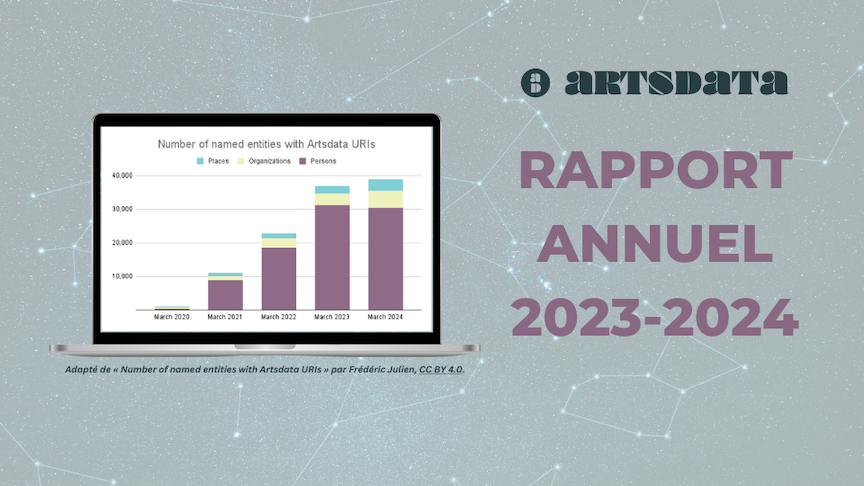 Un ordinateur portable montre un graphe du nombre d'entités avec un URI Artsdata, devant un arrière-plan de constellations.