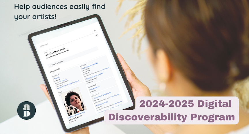 A person holds a tablet showing an artist’s Wikidata entry. “Help audiences easily find your artists” is written above.