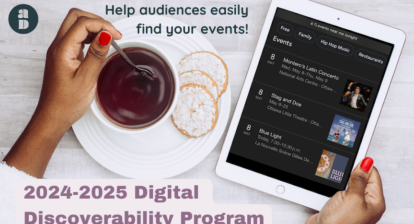 One hand holds a tablet with event listings, while another stirs a bowl of pudding on a plate with crackers. "Help audiences easily find your events" is written across the top, next to the Artsdata logo.