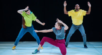 3 performers on stage at the 2024 PuSh International Performing Arts Festival.