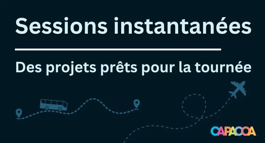 Illustration d'un avion et d'un bus voyageant avec le texte Sessions instantanées Des projets prêts pour la tournée.