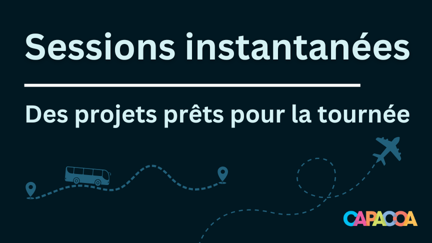 Illustration d'un avion et d'un bus voyageant avec le texte Sessions instantanées Des projets prêts pour la tournée.