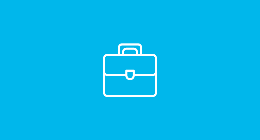 A white brief case icon on a blue background