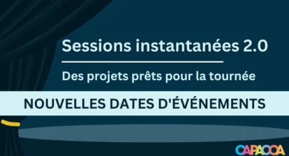 Un rideau bleu illustré avec un texte au milieu qui dit : Les sessions instantanées 2.0 Des projects prêts pour la tournée - Nouvelles dates d'événements.