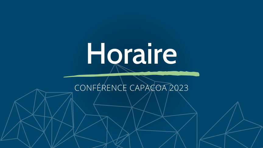 Le mot « Schedule » souligné en vert avec le texte « CAPACOA Conference 2023 » en dessous. Des triangles sont en arrière-plan.