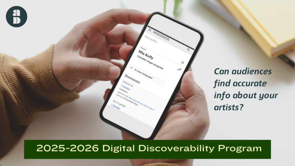 Two hands hold a cellphone showing Mia Kelly’s Wikidata item. Beside the phone, text reads “Can audiences find accurate info about your artists?”