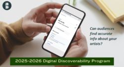 Two hands hold a cellphone showing Mia Kelly’s Wikidata item. Beside the phone, text reads “Can audiences find accurate info about your artists?”