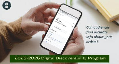Two hands hold a cellphone showing Mia Kelly’s Wikidata item. Beside the phone, text reads “Can audiences find accurate info about your artists?”