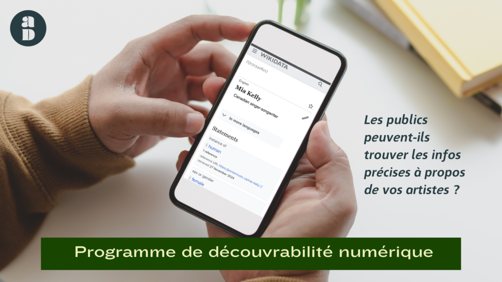 Deux mains tiennent un cellulaire montrant l'élément Wikidata de Mia Kelly. À côté du cellulaire, on peut lire « Les publics peuvent-ils trouver des infos précises à propos de vos artistes ? »