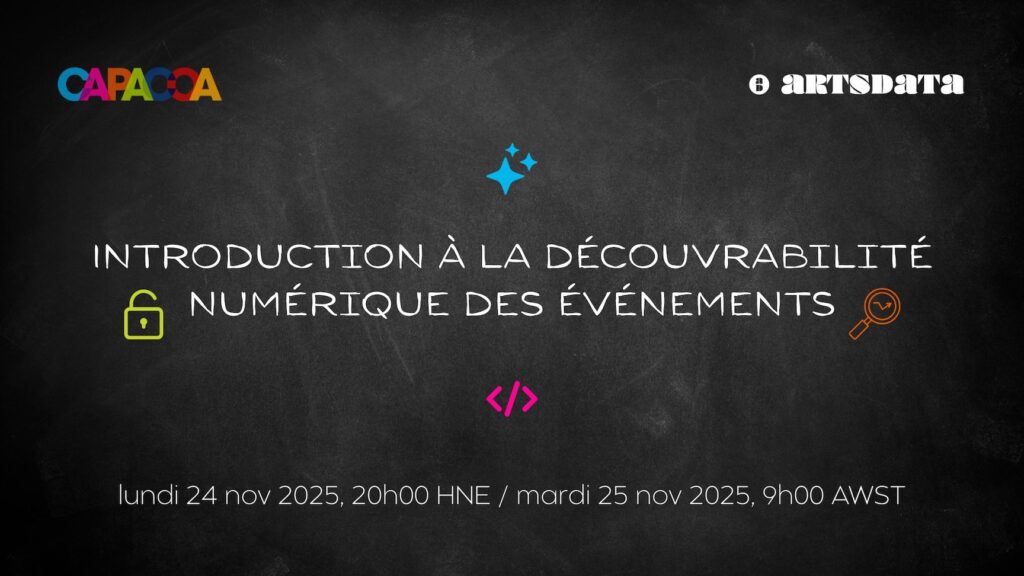 Titre, date et heure de l'événement entourés de graphiques représentant la découvrabilité numérique.