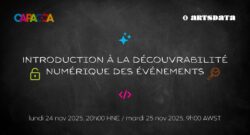 Titre, date et heure de l'événement entourés de graphiques représentant la découvrabilité numérique.