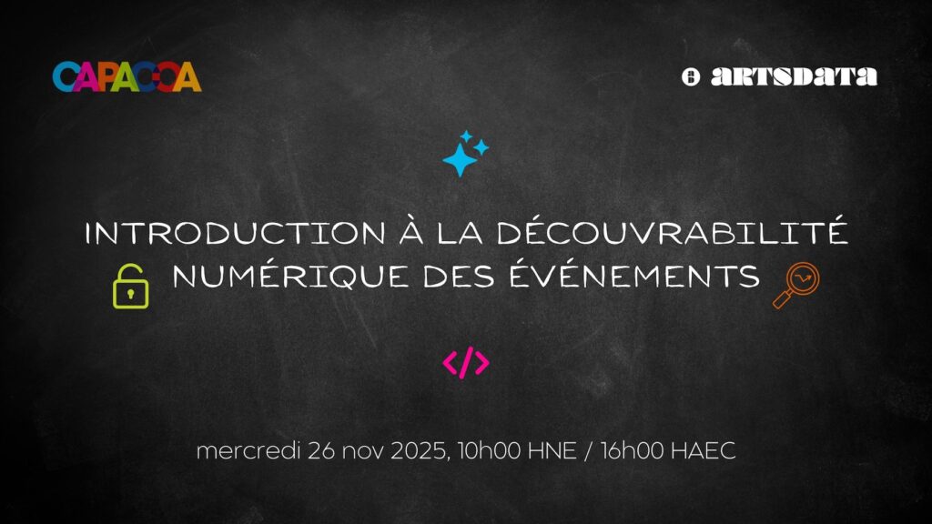 Titre, date et heure de l'événement entourés de graphiques représentant la découvrabilité numérique