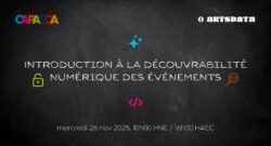 Titre, date et heure de l'événement entourés de graphiques représentant la découvrabilité numérique