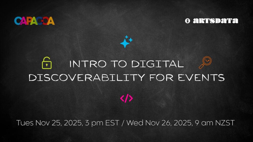 Event title, date and time surrounded by graphics representing digital discoverability.