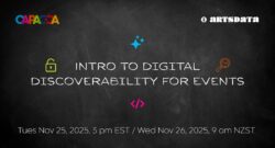 Event title, date and time surrounded by graphics representing digital discoverability.