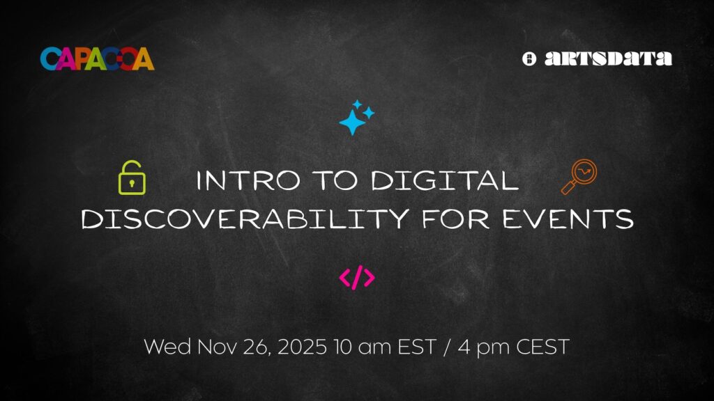 Event title, date and time surrounded by graphics representing digital discoverability.