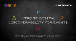 Event title, date and time surrounded by graphics representing digital discoverability.
