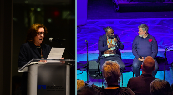 One image of Crazy Smooth and Chris Lorway in conversation. An image of Carol Off reading a speech in front of a microphone.