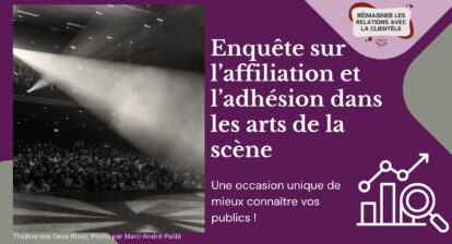 Bannière violet avec le titre « Enquête sur l'affiliation et l'adhésion dans les arts des la scène ».