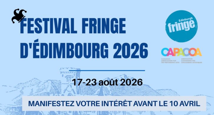 Un visuel bleu clair avec le texte « Edinburgh Fringe Festival 2026, 17-23 août 2026 » et un rappel juste en dessous pour manifester son intérêt avant le 10 avril.