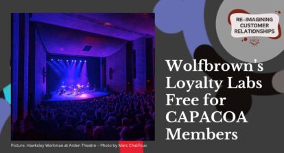 A grey banner - on the left is a picture of a band performing onstage, bathed in blue and purple light. On the right is the text "Wolfbrown’s Loyalty Labs Free for CAPACOA Members."