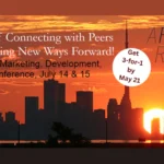 A promotional graphic for the ArtsReach conference, taking place on July 14th and 15th. The image indicates that tickets are 3-for-1 by May 21st, and the background is of the Toronto skyline.