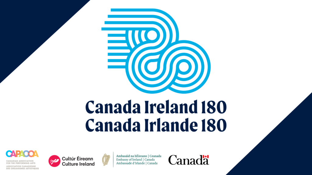 Visuel rectangulaire avec des triangles bleu foncé dans les coins supérieur gauche et inférieur droit. Le texte « Canada–Irlande 180 » apparaît bien en évidence, accompagné d’un logo en forme de volutes bleu pâle. Dans le coin inférieur gauche figurent les logos de CAPACOA, de Culture Ireland, de l’ambassade d’Irlande au Canada et du gouvernement du Canada.