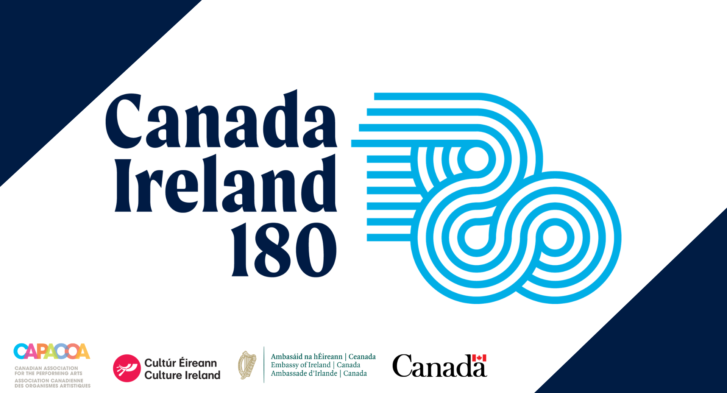Rectangular graphic featuring dark blue triangles in the top-left and bottom-right corners. The text “Canada–Ireland 180” appears prominently alongside a light blue swirl logo. The bottom-left corner features the logos of CAPACOA, Culture Ireland, the Embassy of Ireland in Canada, and the Government of Canada.