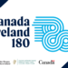 Rectangular graphic featuring dark blue triangles in the top-left and bottom-right corners. The text “Canada–Ireland 180” appears prominently alongside a light blue swirl logo. The bottom-left corner features the logos of CAPACOA, Culture Ireland, the Embassy of Ireland in Canada, and the Government of Canada.