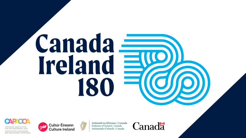 Rectangular graphic featuring dark blue triangles in the top-left and bottom-right corners. The text “Canada–Ireland 180” appears prominently alongside a light blue swirl logo. The bottom-left corner features the logos of CAPACOA, Culture Ireland, the Embassy of Ireland in Canada, and the Government of Canada.